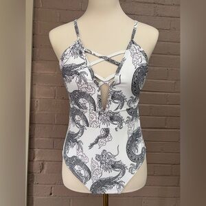 Shein  NWOT White Dragon Print One Piece Swimsuit L